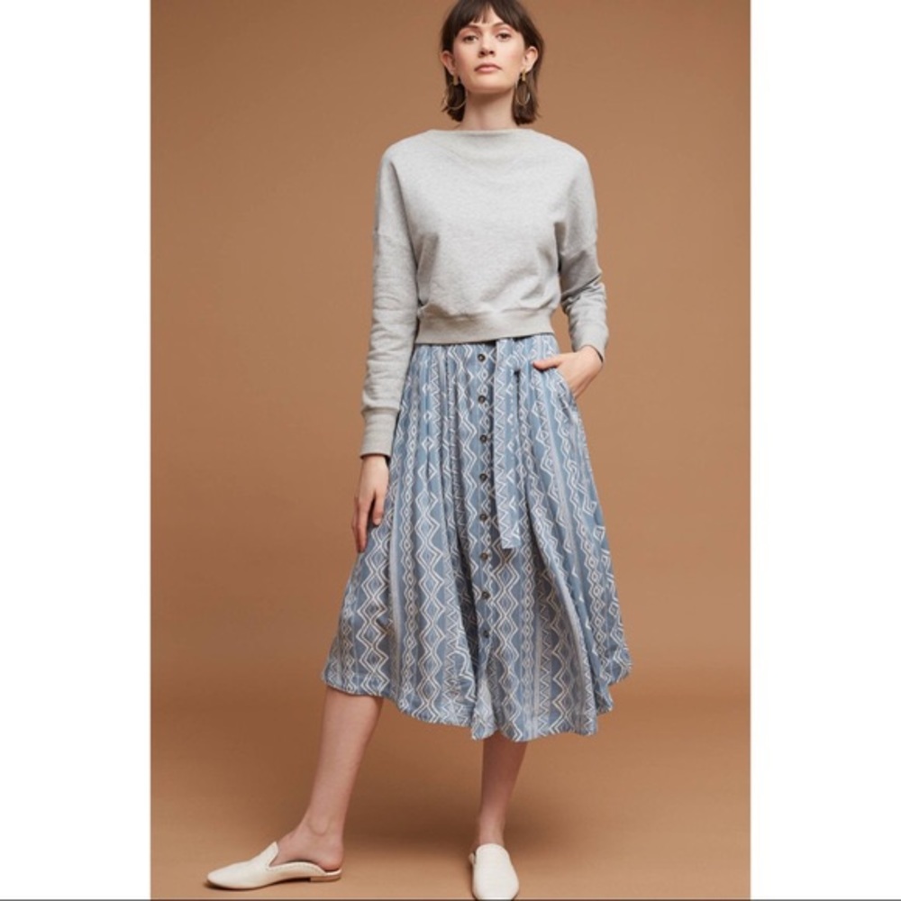 Anthropologie Blue Button Midi Skirt